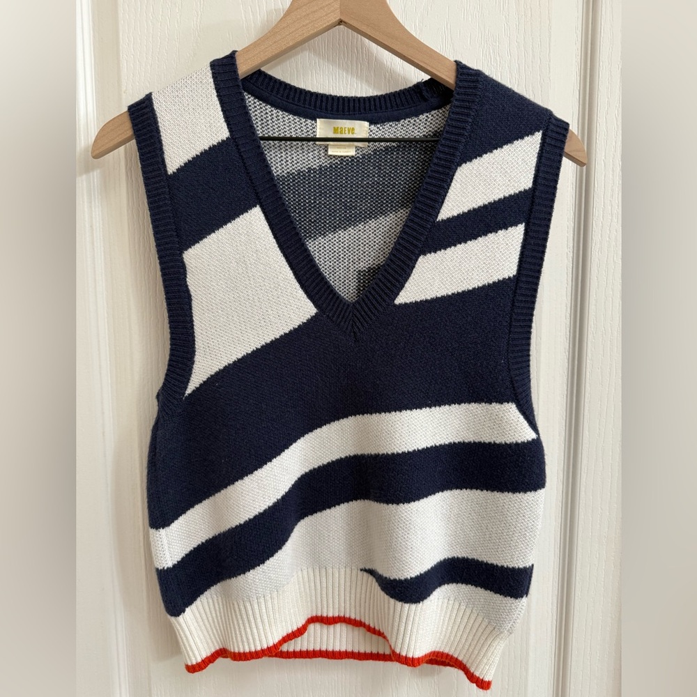 Maeve Navy and White Striped V-Neck Knit Sweater Vest with Red Trim